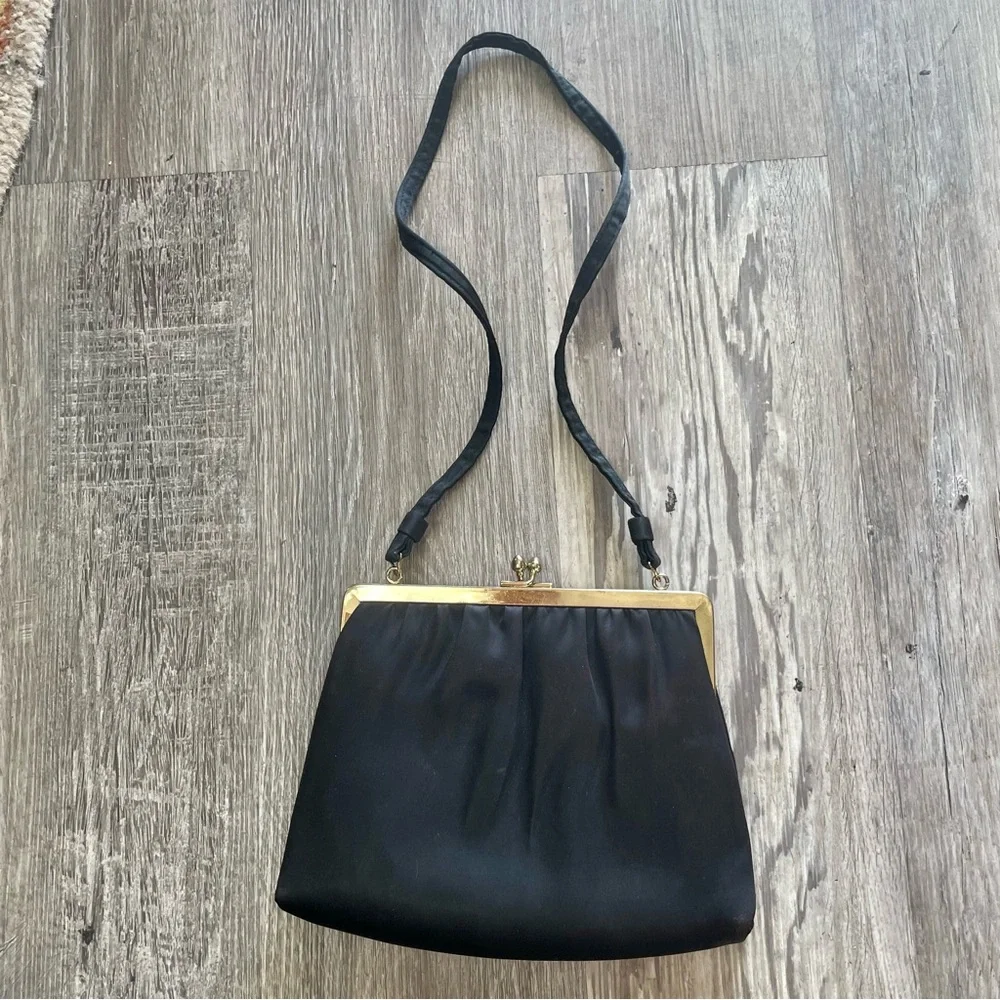 Vintage 60s Ande Black Satin Evening Bag + Tortoise Shell Style Clasp Purse - Picture 8 of 16